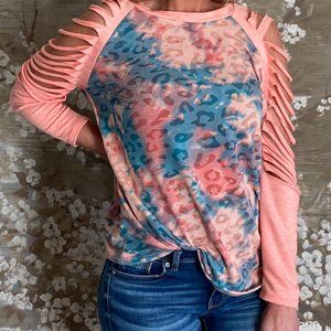 Blush/Teal razor cut long sleeve top